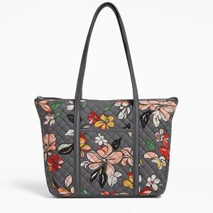 Vera Bradley Tote Bag Gray Quilted Floral Print Shoulder Purse Handbag 10 In.
